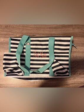 Striped Tote Bag with Turquoise Handles and Coral 'Hot Mess' Embroidery